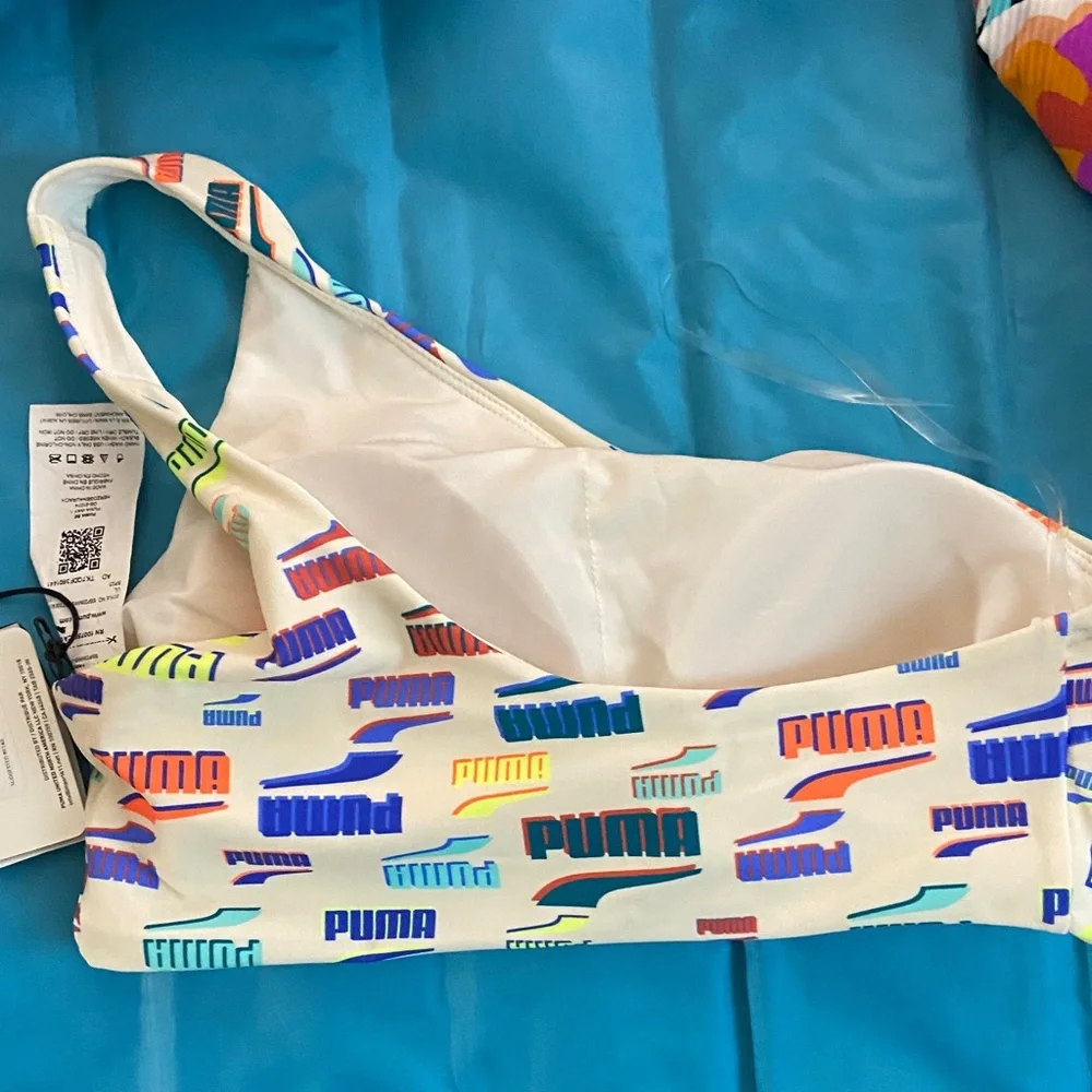 Puma colorful logo one shoulder bikini bandeau top Size S - Picture 3 of 3